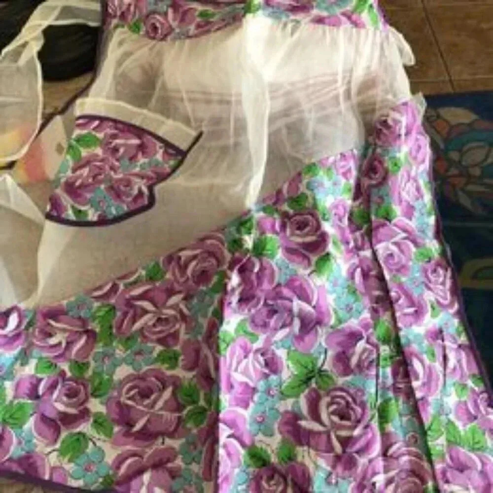 Vintage Sheer Half Apron with Purple Rose